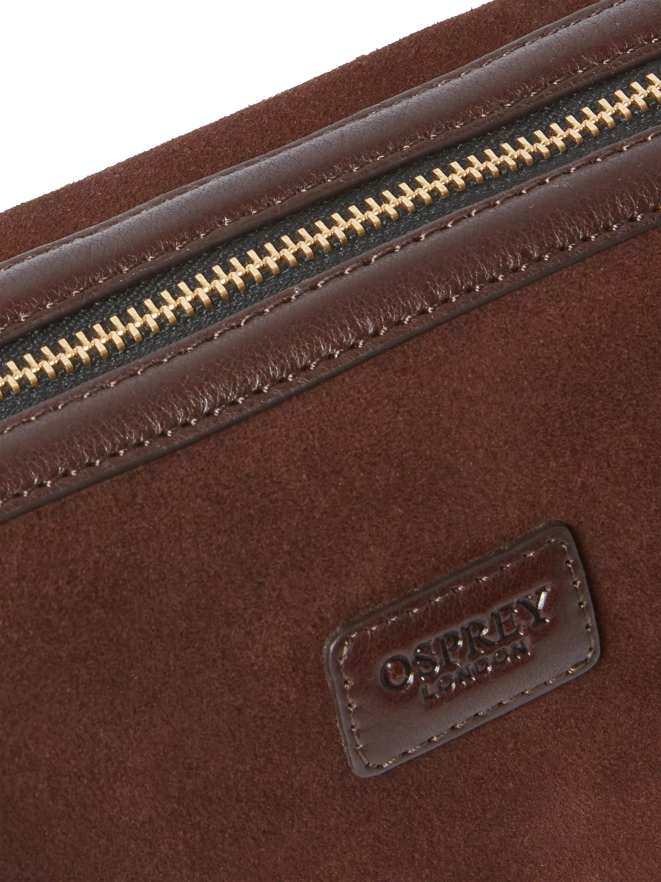 Osprey London Mocha Suede Wash Bag bitter chocolate, imported from the UK