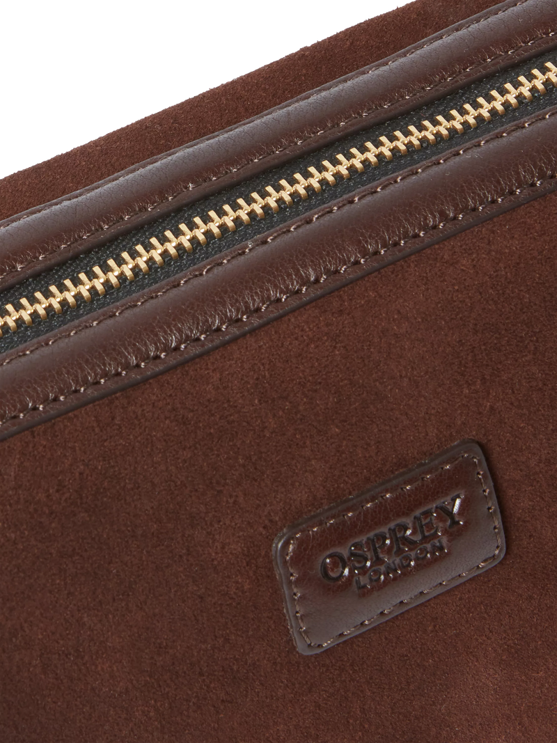 Osprey London Mocha Suede Wash Bag bitter chocolate, imported from the UK