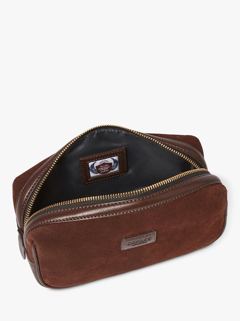 Osprey London Mocha Suede Wash Bag bitter chocolate, imported from the UK
