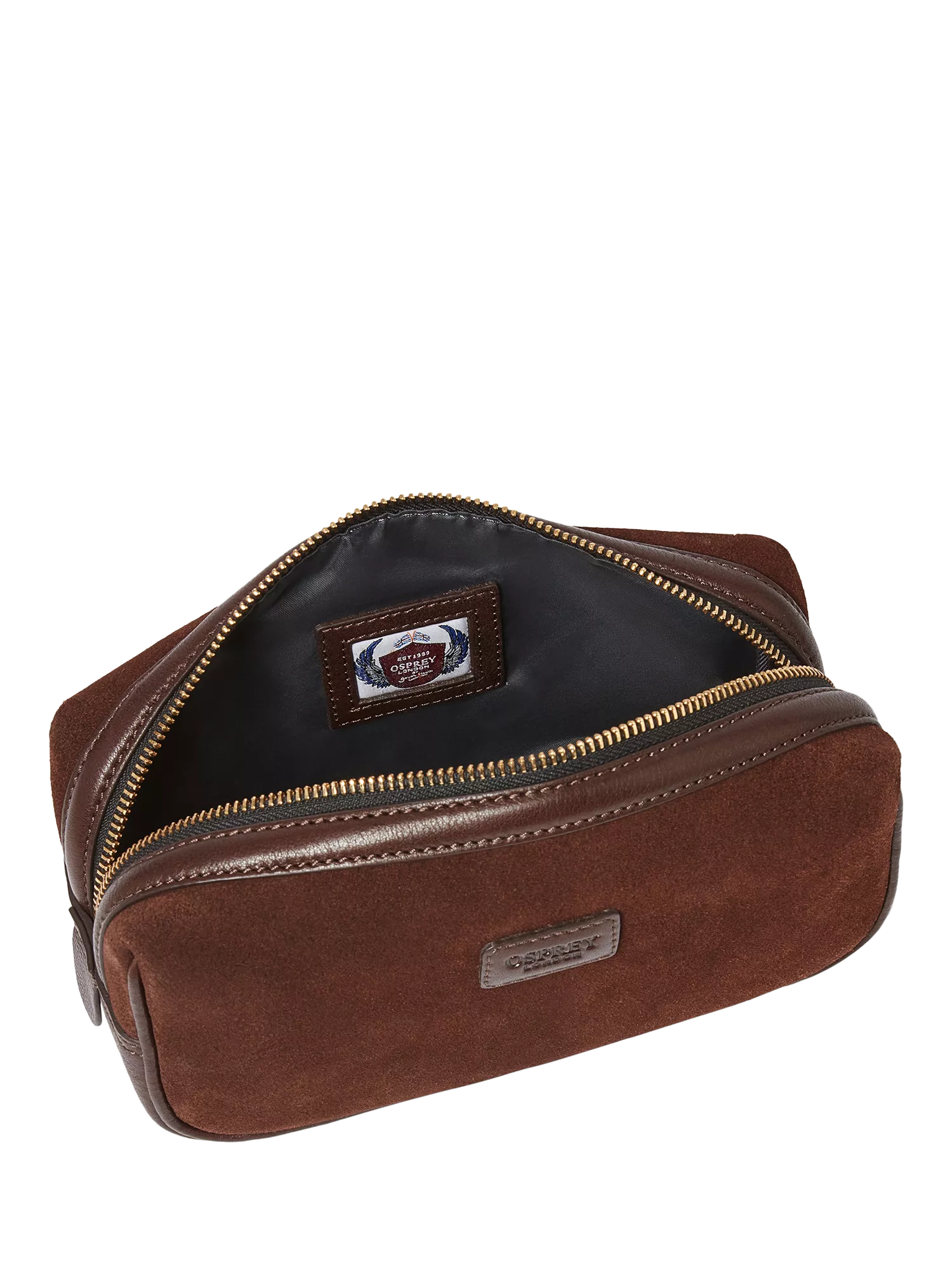 Osprey London Mocha Suede Wash Bag bitter chocolate, imported from the UK