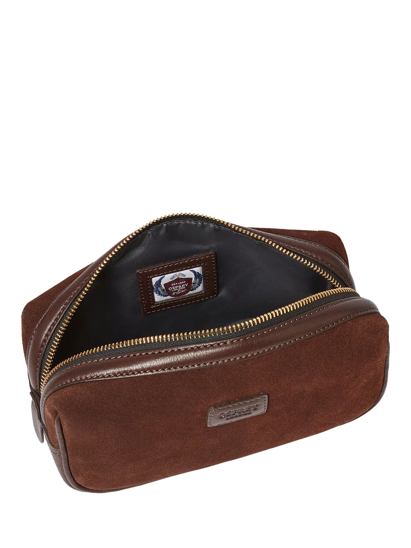 Osprey London Mocha Suede Wash Bag bitter chocolate, imported from the UK
