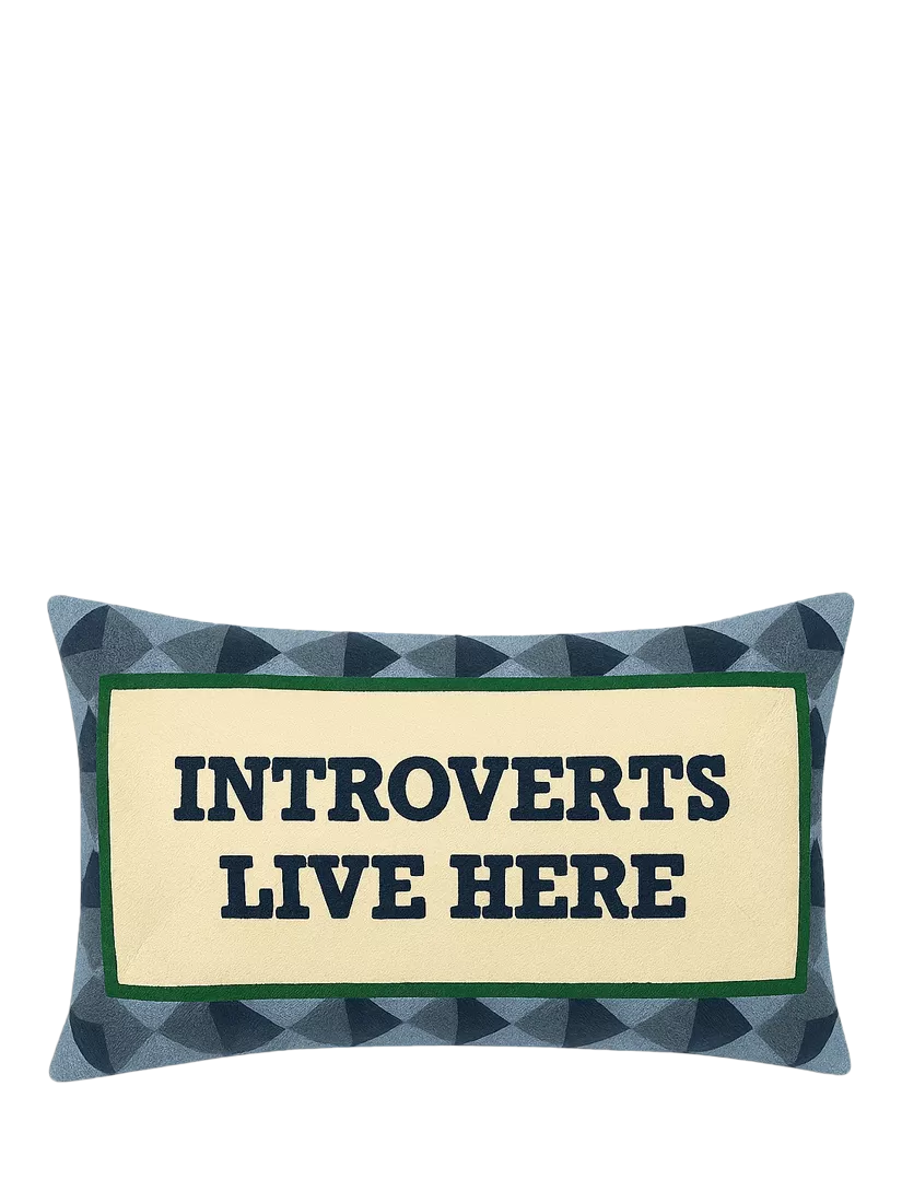 The Pillow Drop Introverts Live Here cushion 30x50cm Navy Multi, imported from the UK