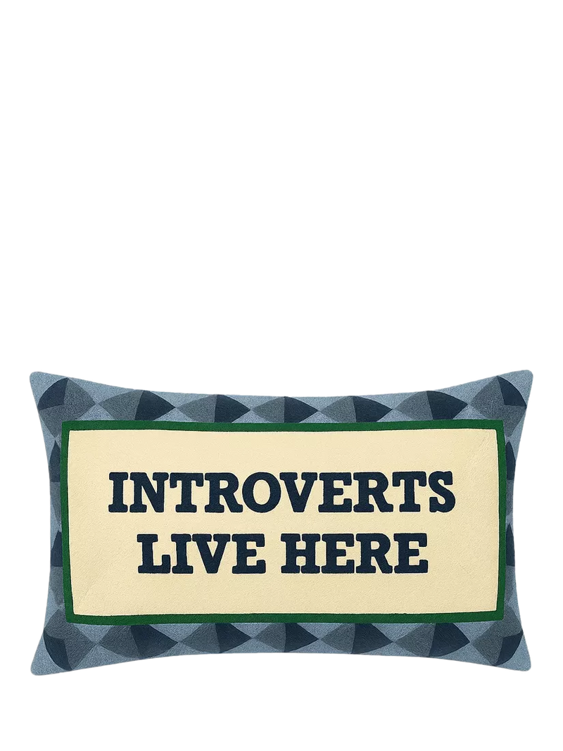 The Pillow Drop Introverts Live Here cushion 30x50cm Navy Multi, imported from the UK