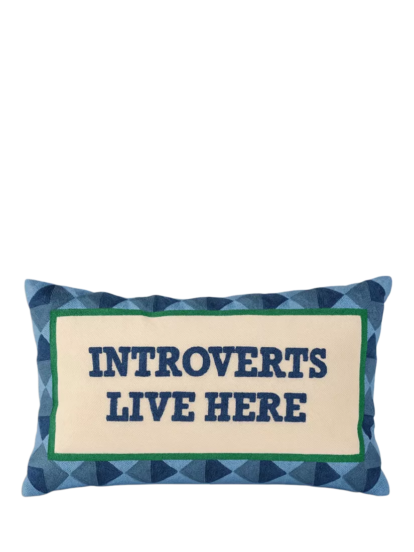 The Pillow Drop Introverts Live Here cushion 30x50cm Navy Multi, imported from the UK