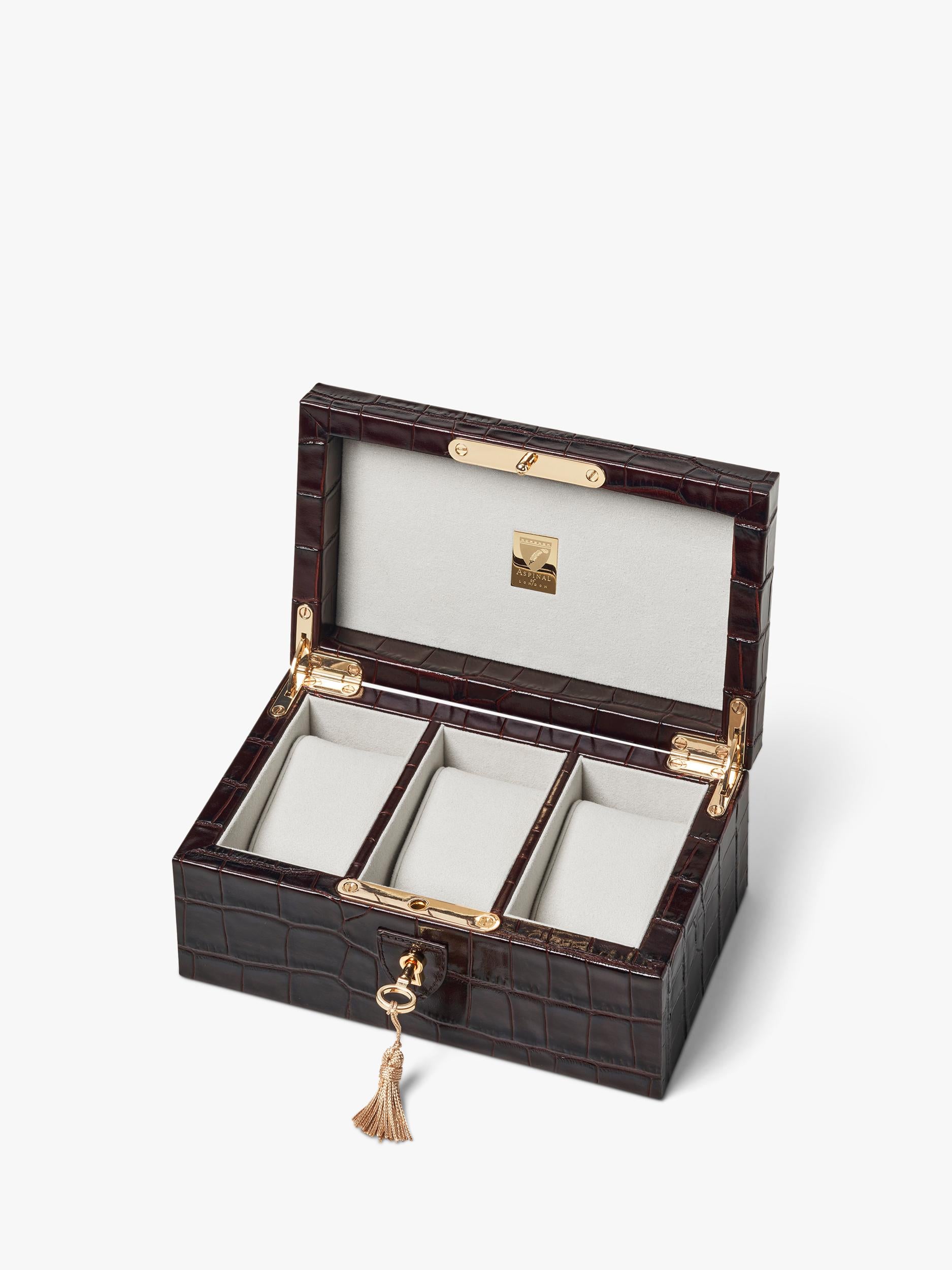 Aspinal of London three-piece leather watch box in Amazon Brown (British brand)