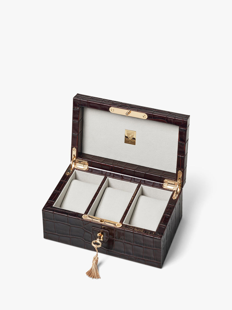 Aspinal of London three-piece leather watch box in Amazon Brown (British brand)