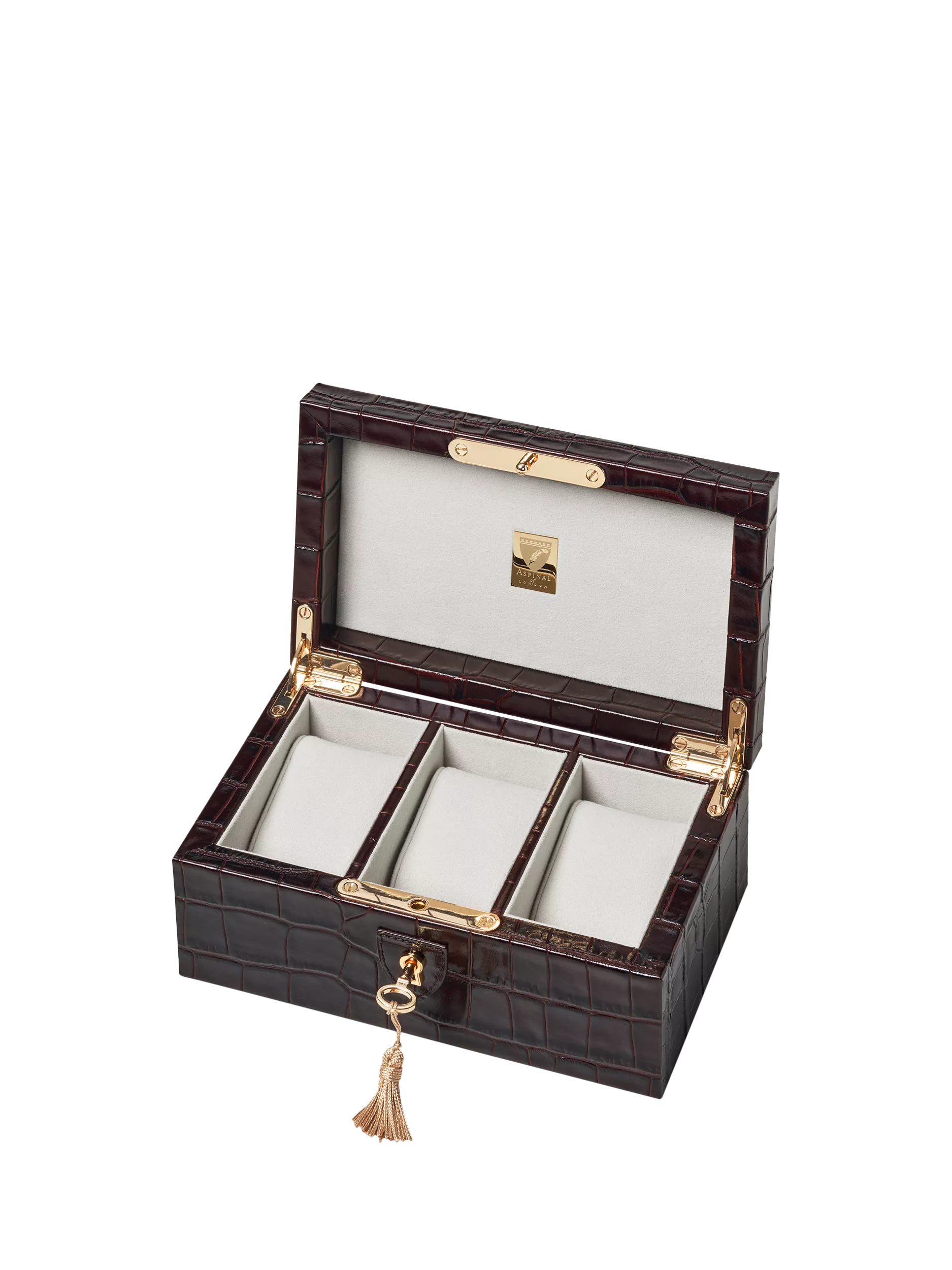 Aspinal of London three-piece leather watch box in Amazon Brown (British brand)