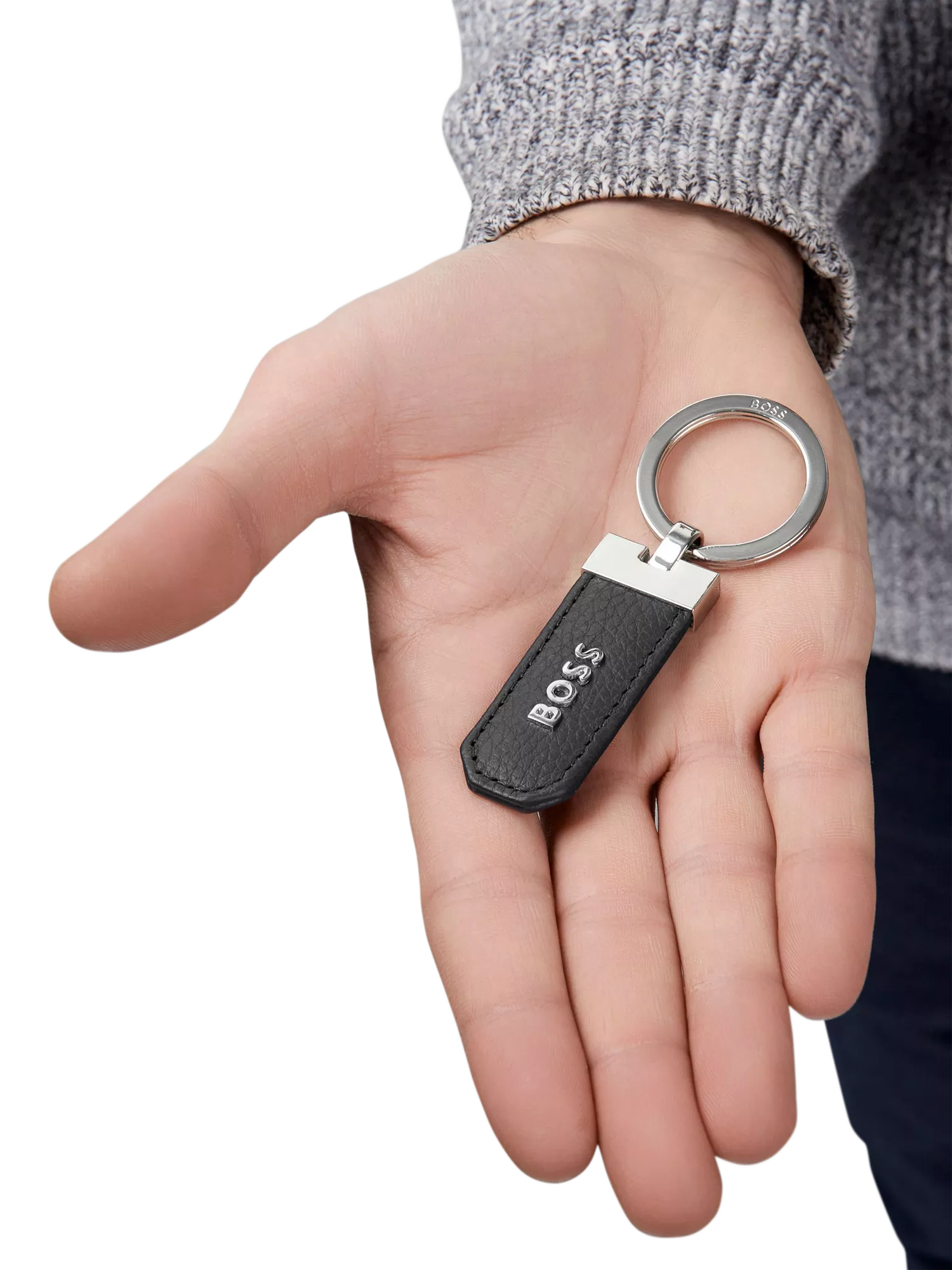 HUGO BOSS black leather keyring with chrome details - British product