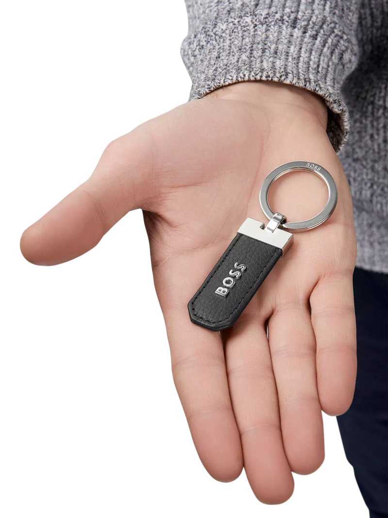 HUGO BOSS black leather keyring with chrome details - British product