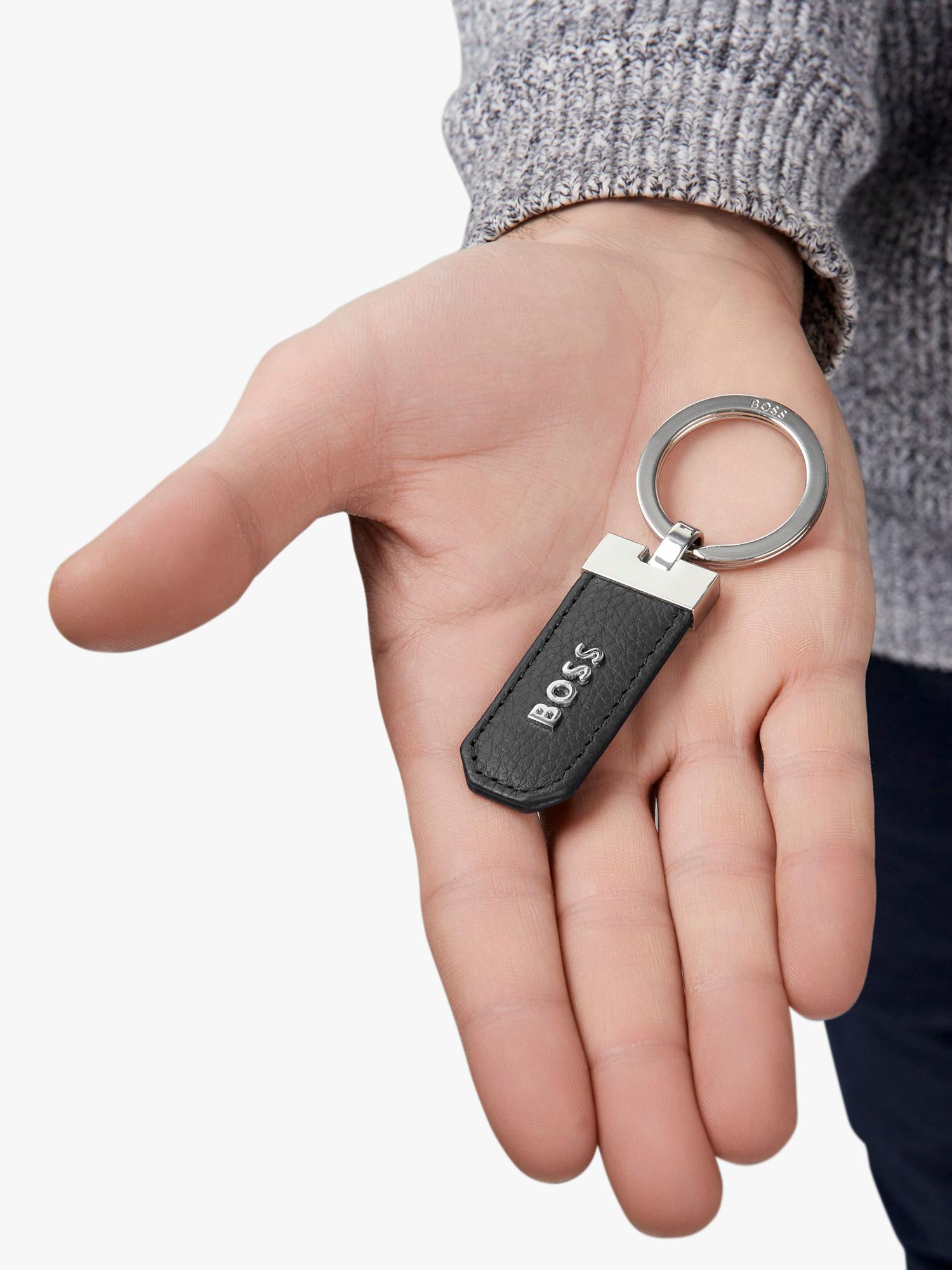 HUGO BOSS black leather keyring with chrome details - British product