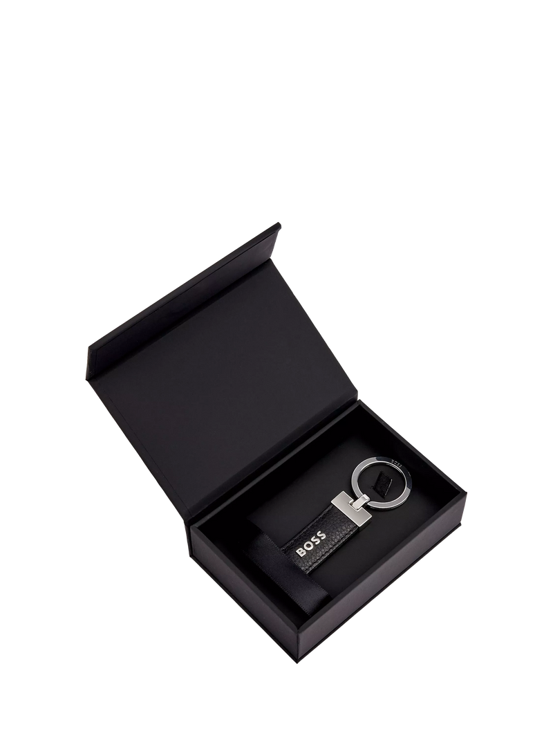 HUGO BOSS black leather keyring with chrome details - British product