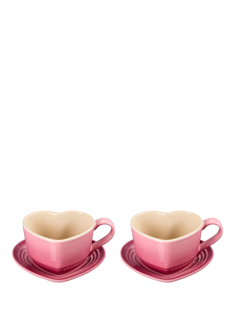 Le Creuset Stoneware Heart Cups & Saucers, Set of 2, 220ml, Rose Quartz