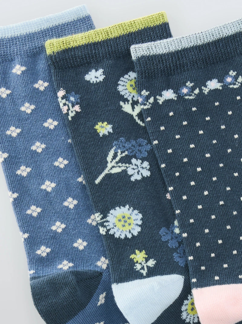 John Lewis Eden Floral Ankle Socks pack of 3 Blue Multi (British brand)