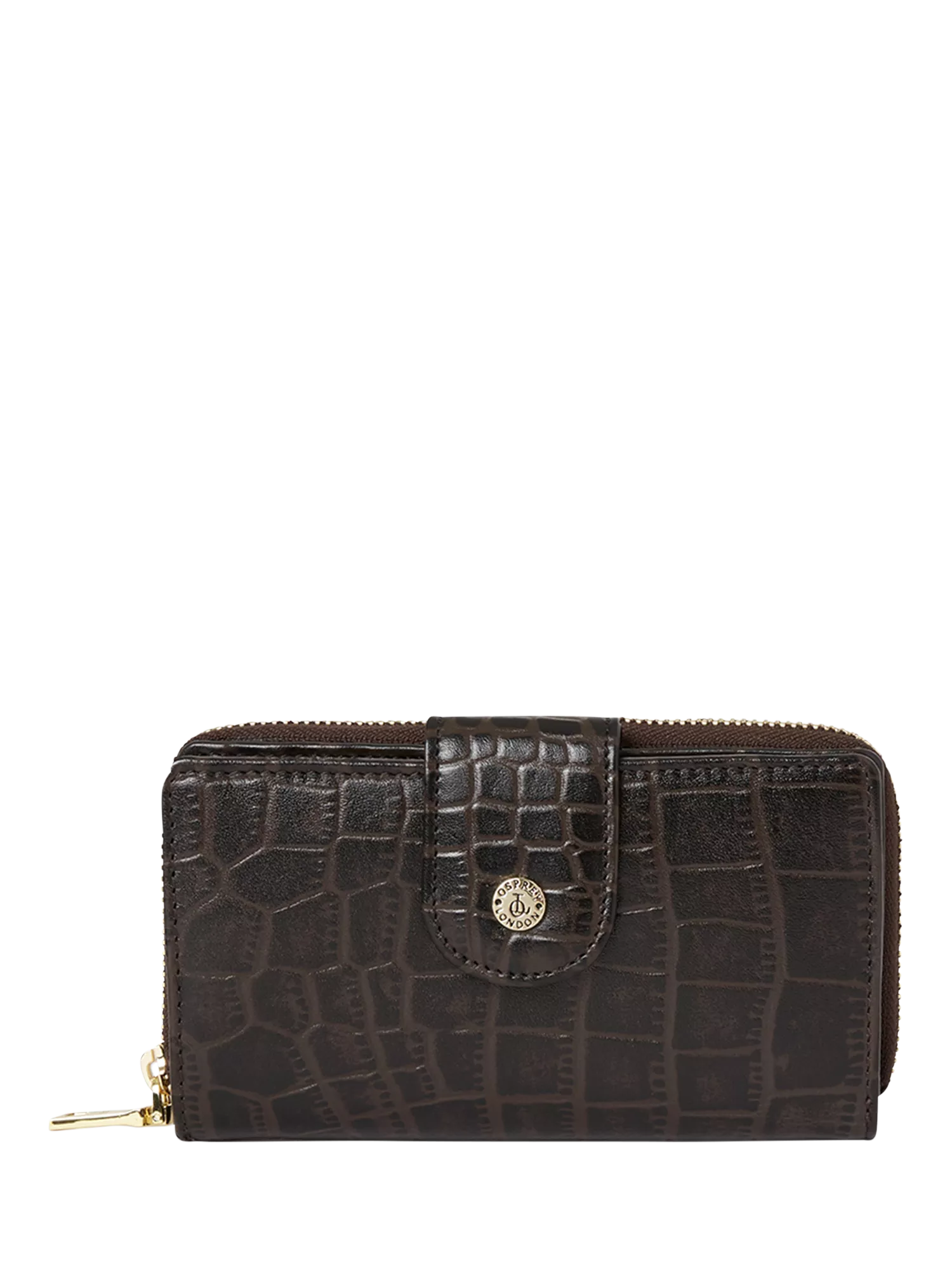 Osprey London Carla zipped purse chocolate croc leather, imported from the UK