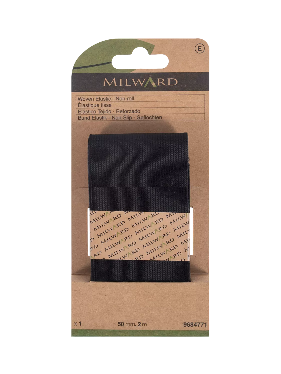 Milward non-roll woven elastic black 50mm x 2m - British product