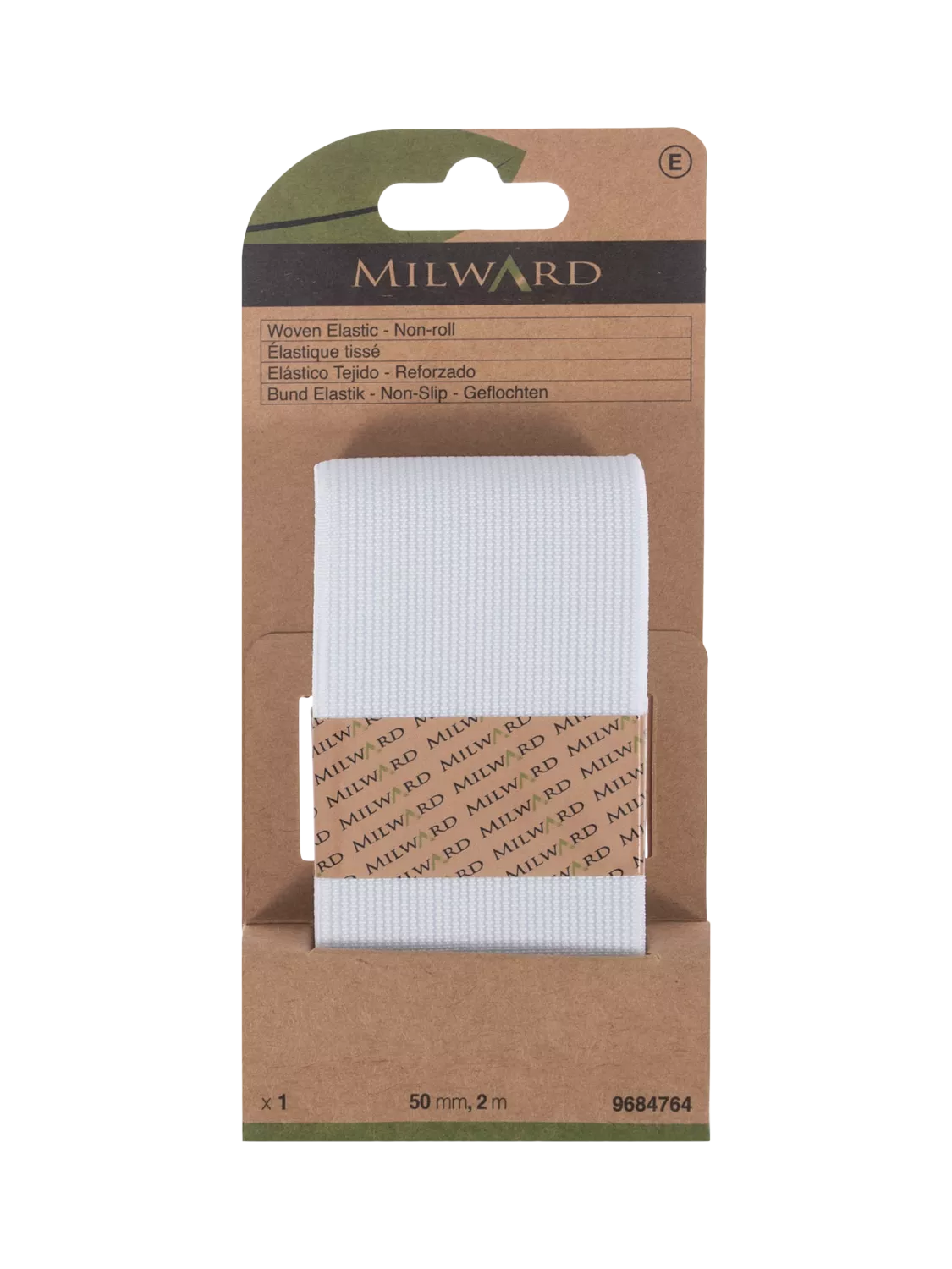 Milward non-roll woven elastic white 50mm x 2m (British brand)