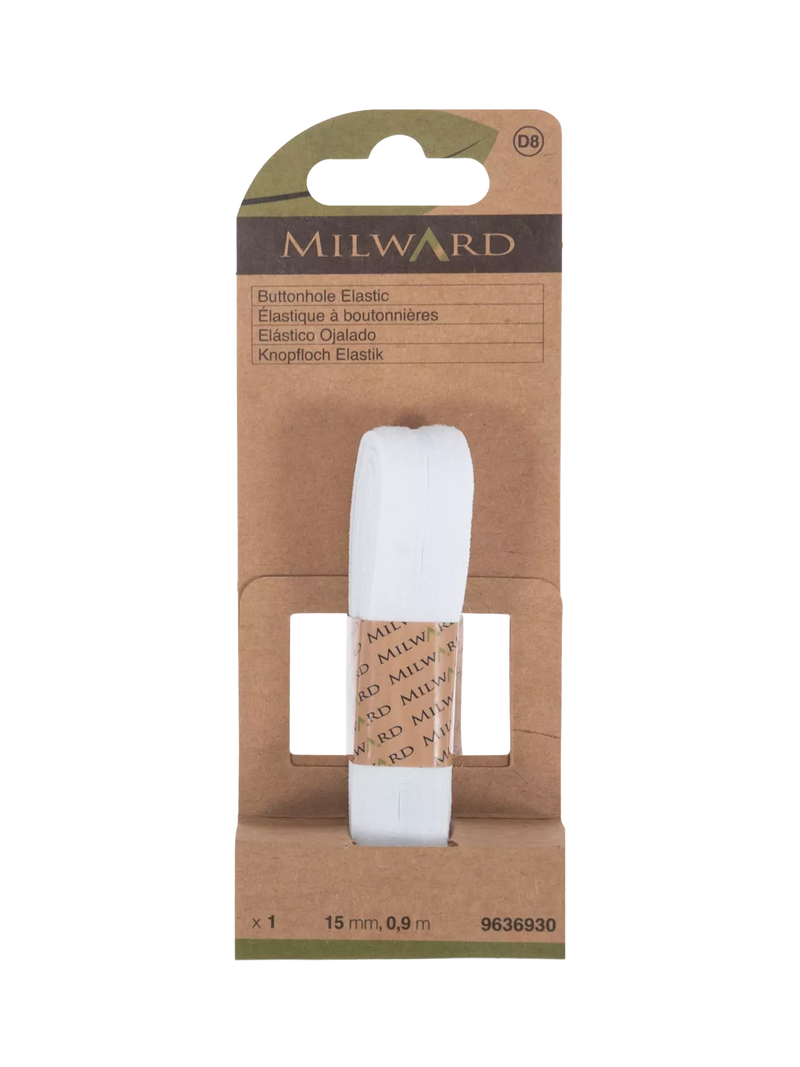 Milward buttonhole elastic white 15mm x 90cm, imported from the UK