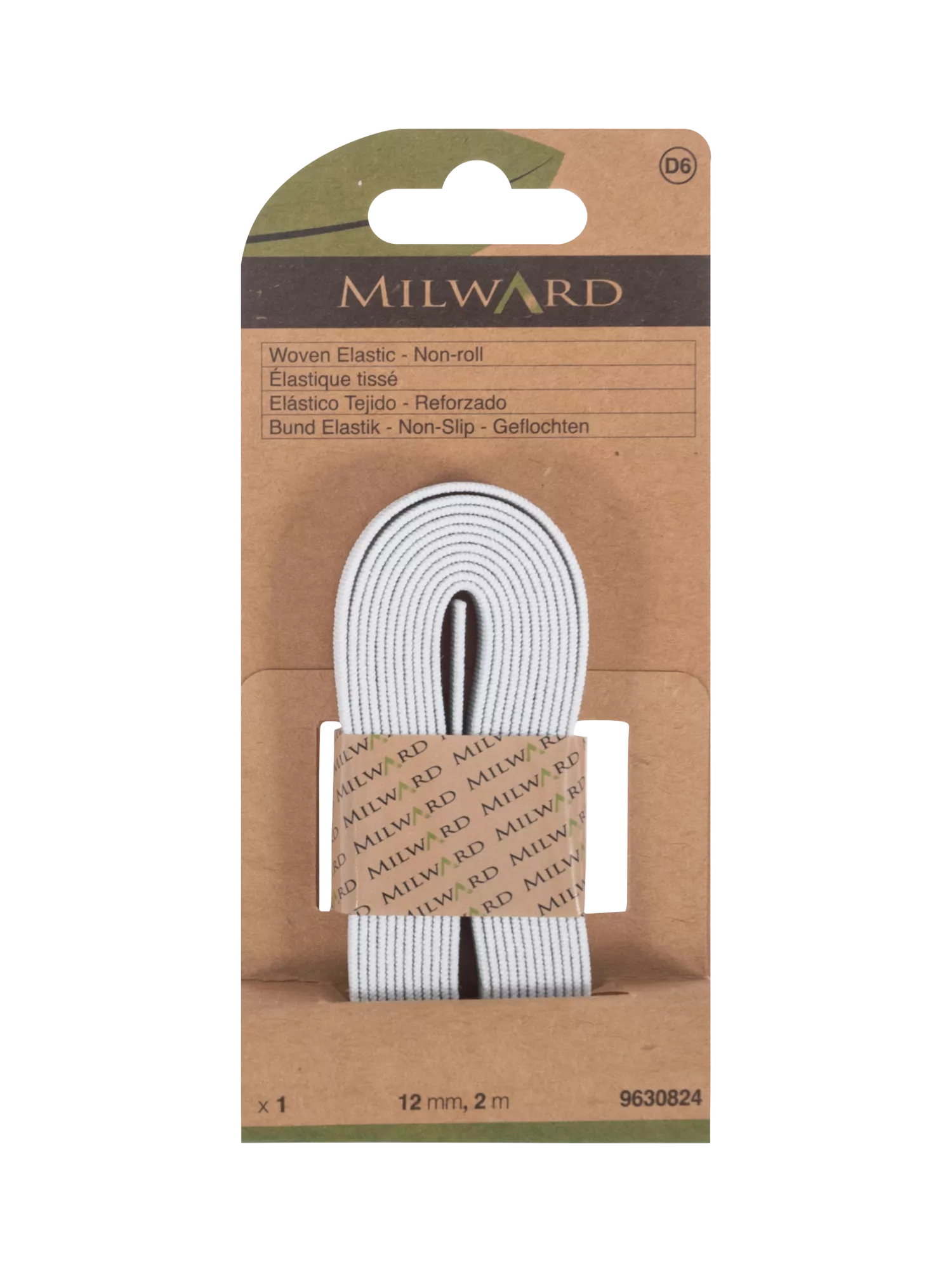 Milward woven non-roll elastic white 12mm x 2m, imported from the UK