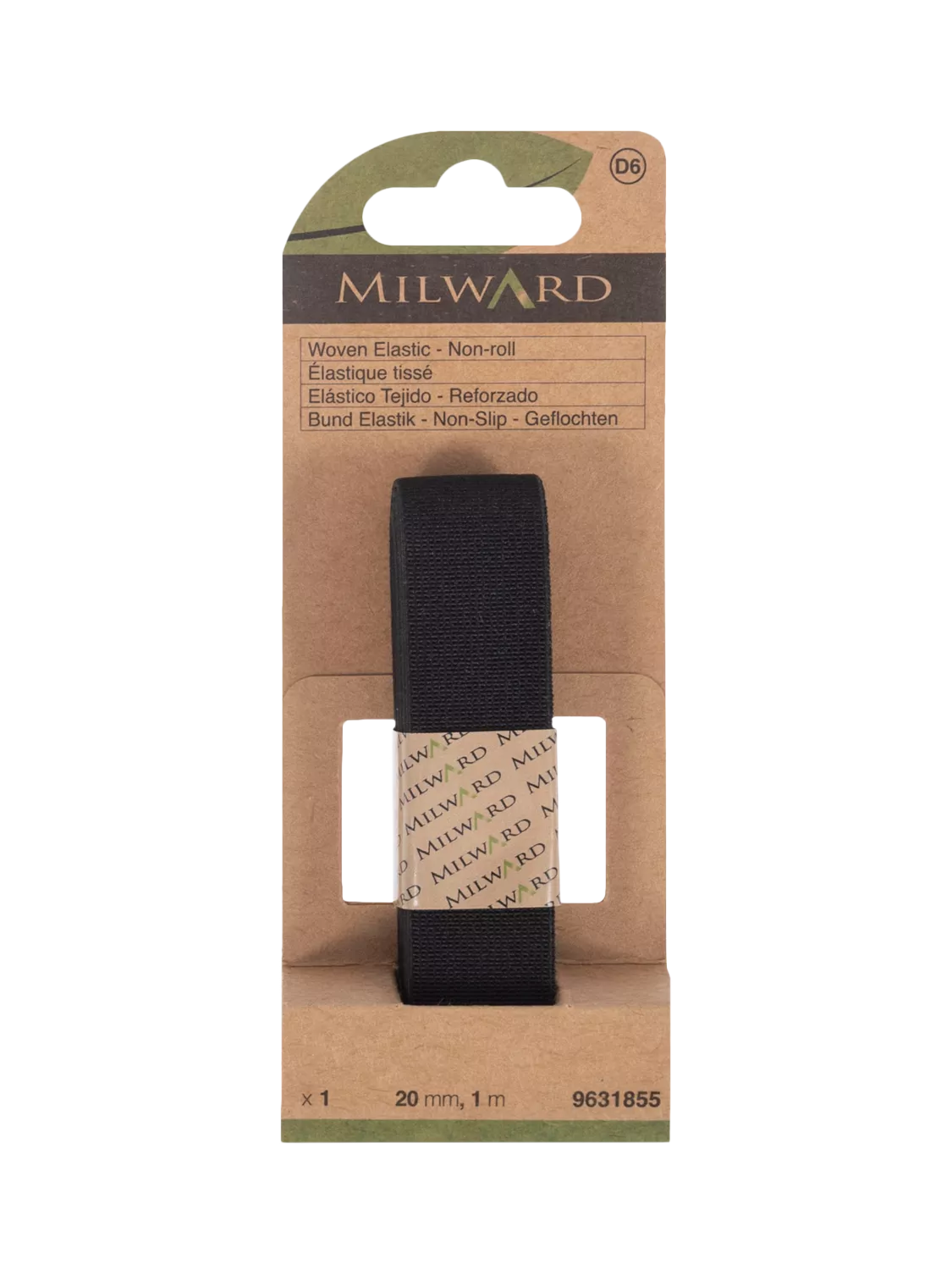Milward woven non-roll elastic 20mm x 1m black, imported from the UK