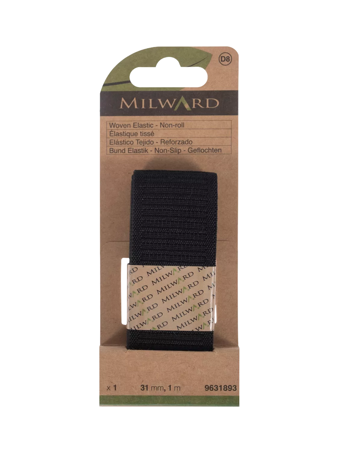 Milward woven non-roll elastic 31mm x 1m black (British brand)