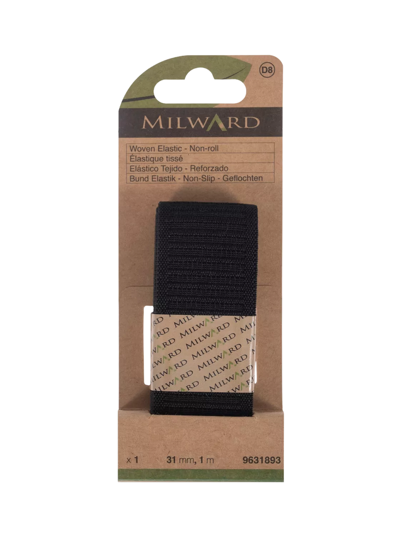 Milward woven non-roll elastic 31mm x 1m black (British brand)