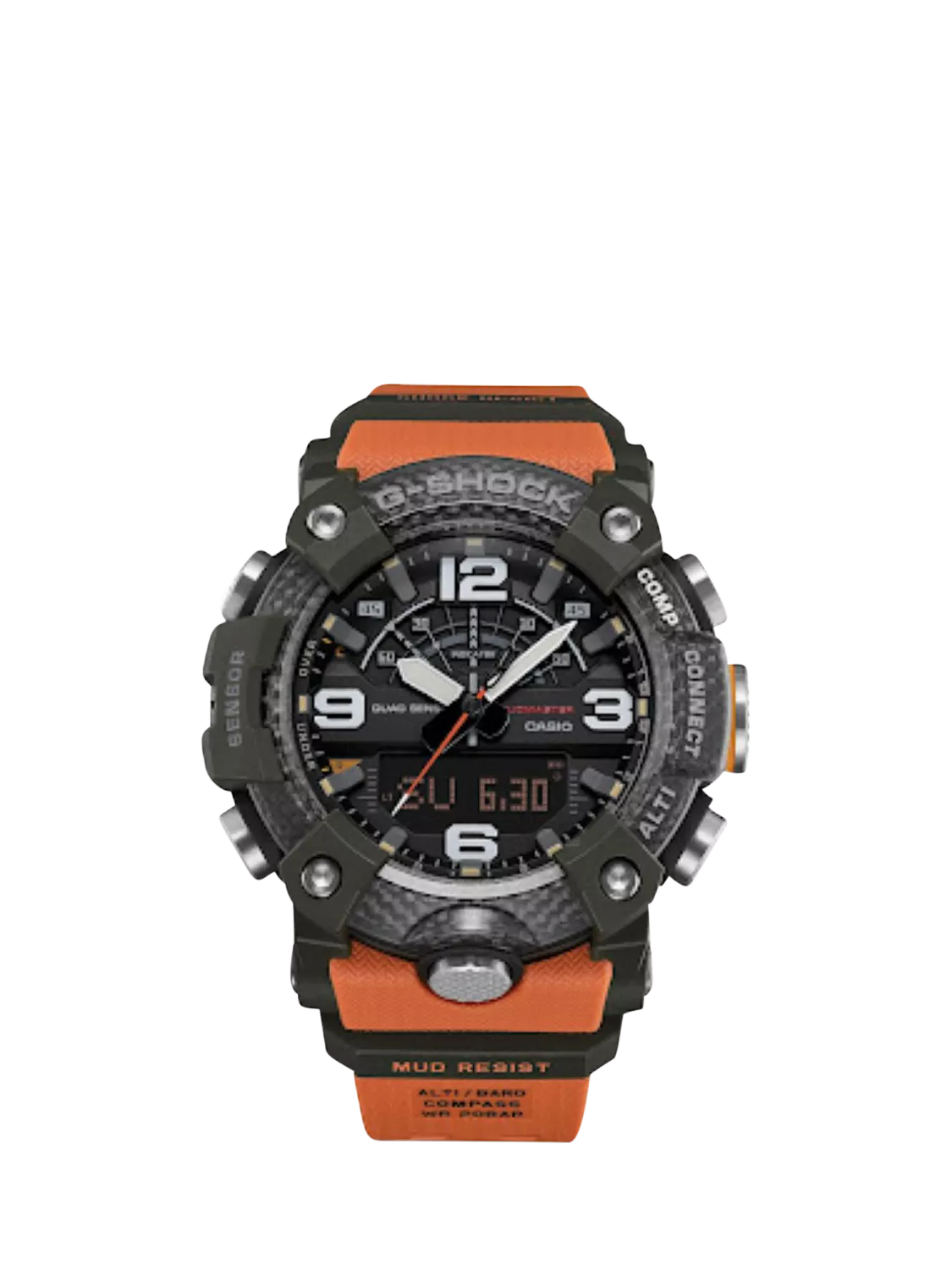 Casio G-Shock Mudmaster men's watch with orange strap, imported from the UK