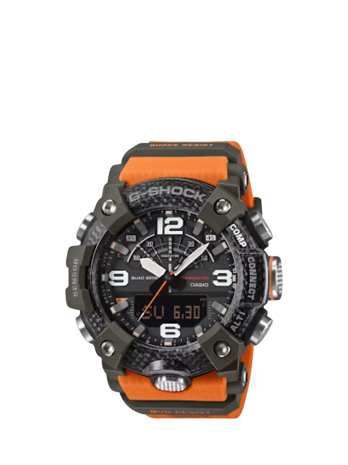 Casio G-Shock Mudmaster men's watch with orange strap, imported from the UK