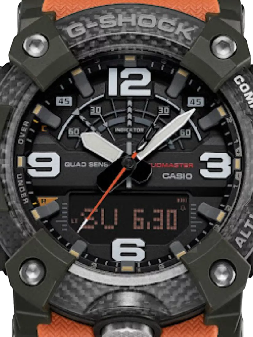 Casio G-Shock Mudmaster men's watch with orange strap, imported from the UK