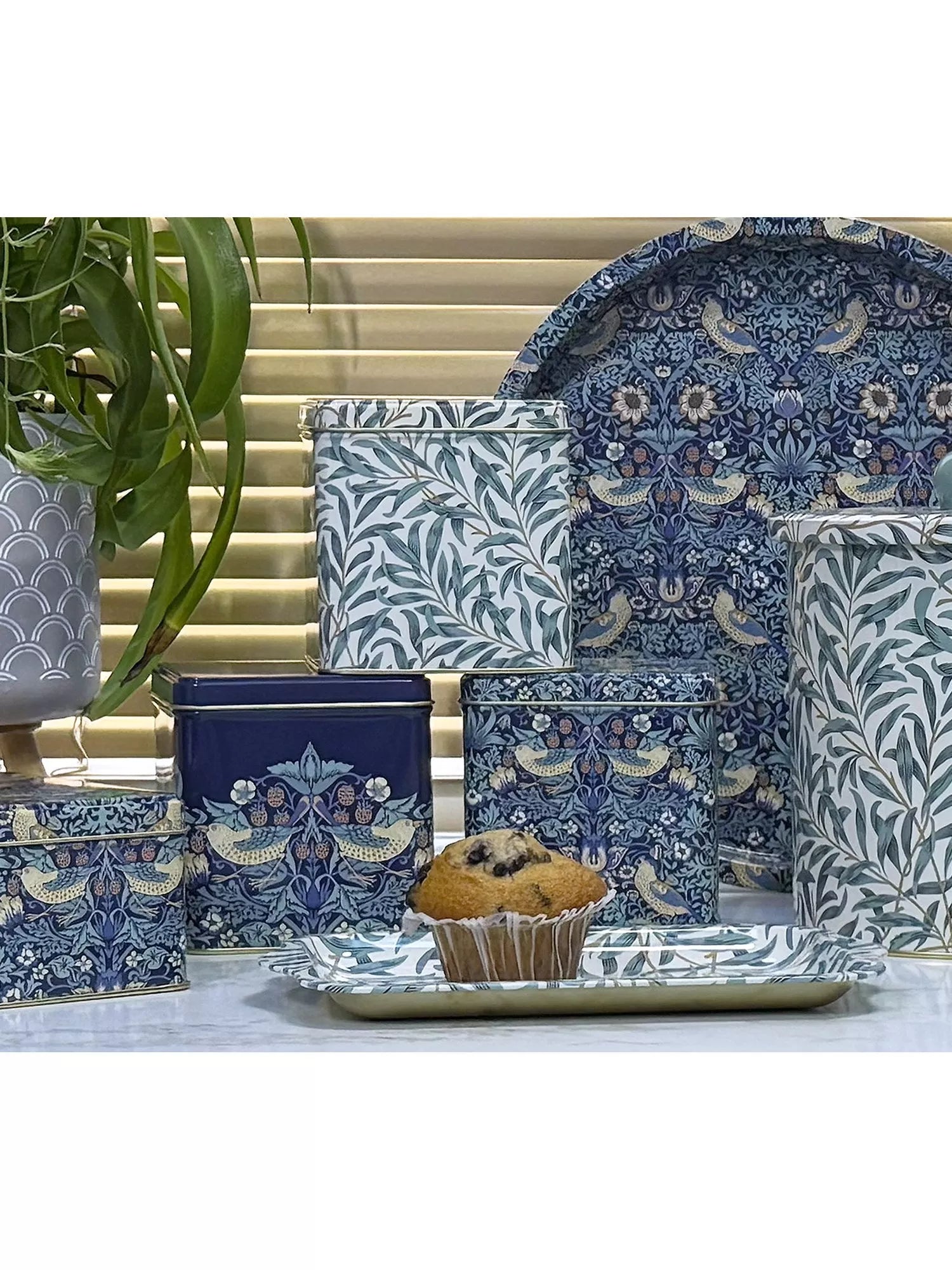 William Morris storage tin caddies set of 3 blue, UK version