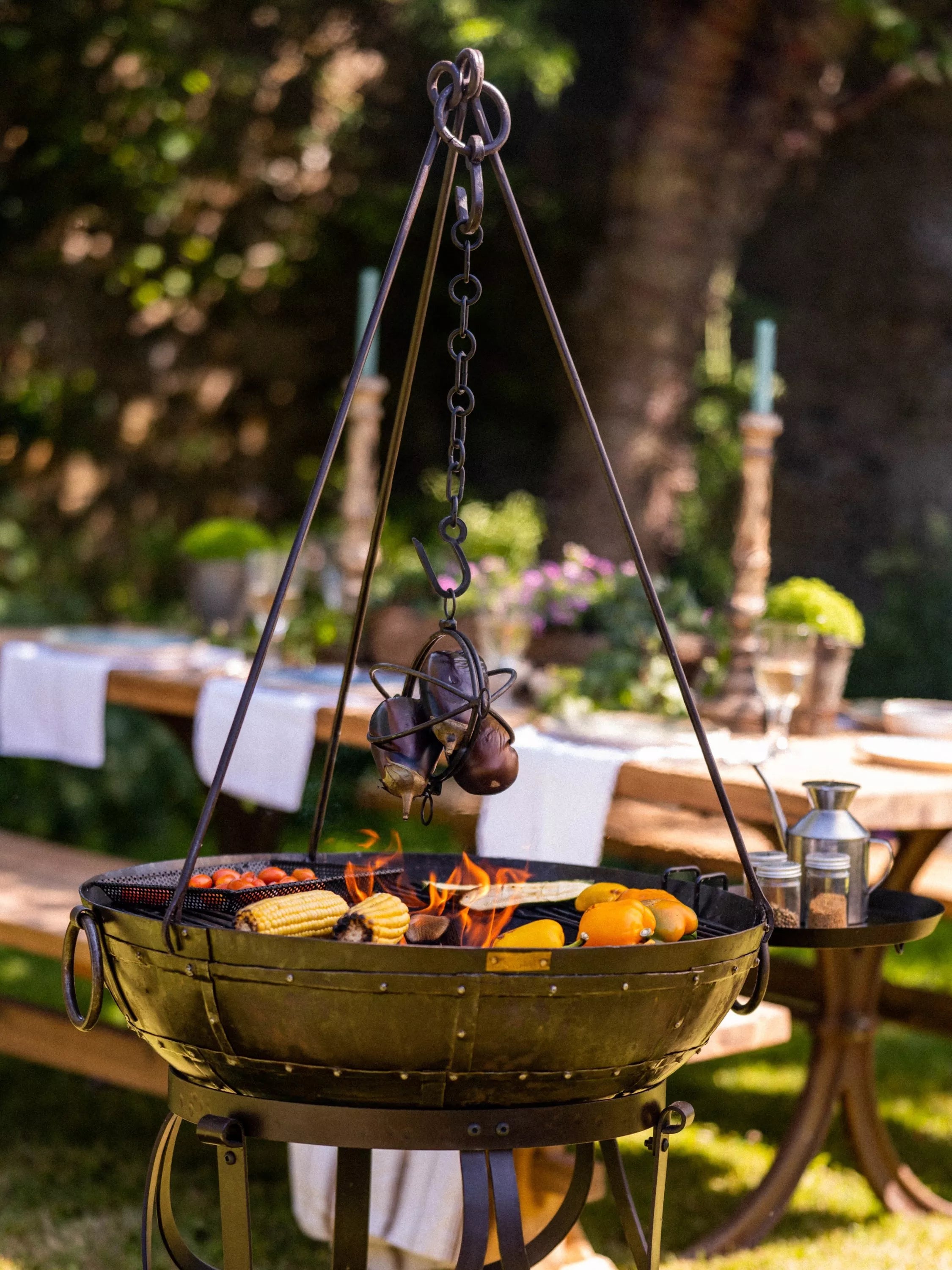 Kadai Cooking Tripod with bowl and roaster, BBQ tripod - British product