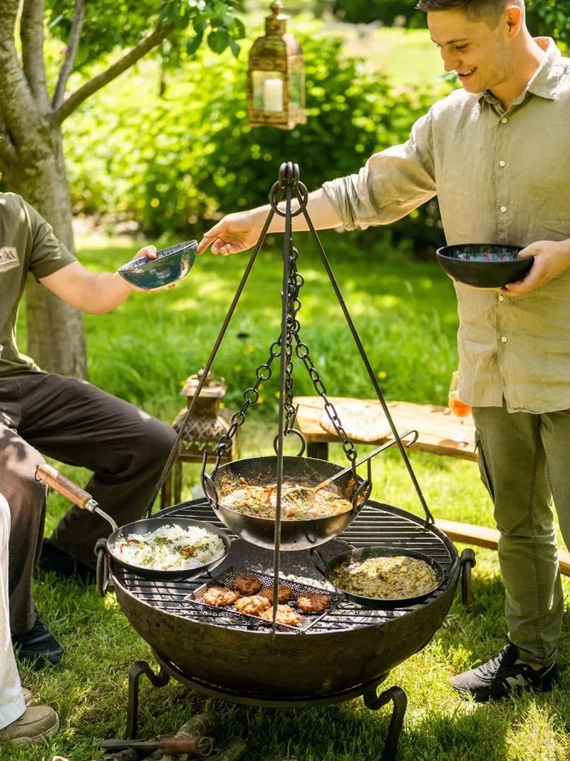 Kadai Cooking Tripod with bowl and roaster, BBQ tripod - British product