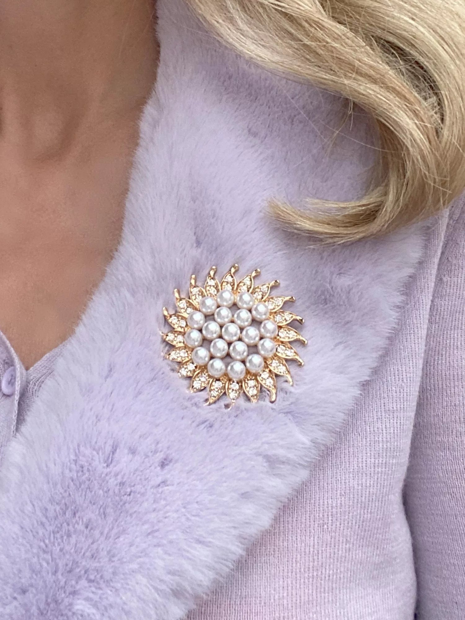 QueenMee embellished sunflower brooch with crystals and pearls (British brand)
