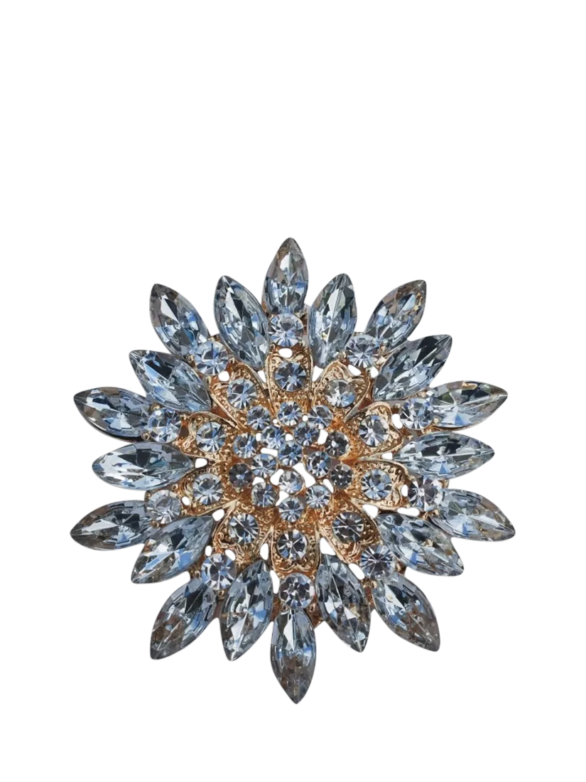 QueenMee embellished flower brooch gold blue, UK version