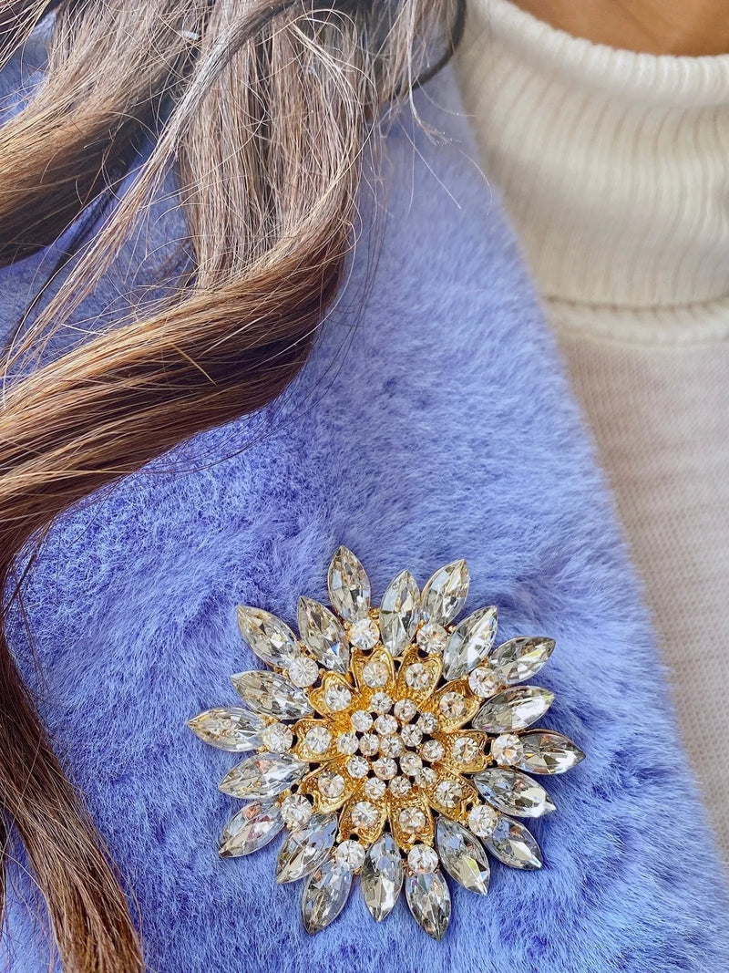 QueenMee embellished flower brooch gold blue, UK version