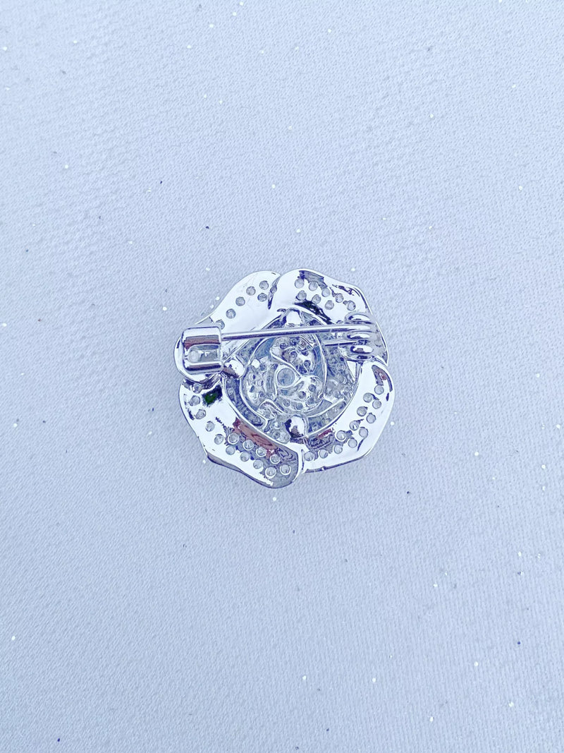 QueenMee silver rose brooch with diamante trim - British product