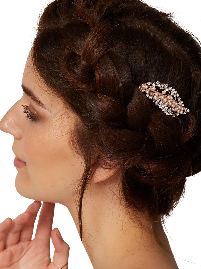 QueenMee leaf pearl diamante hair clip rose gold - British product