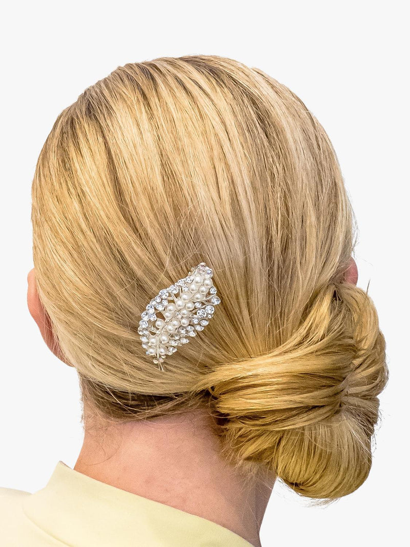 QueenMee leaf pearl and diamante hair clip in silver - British product