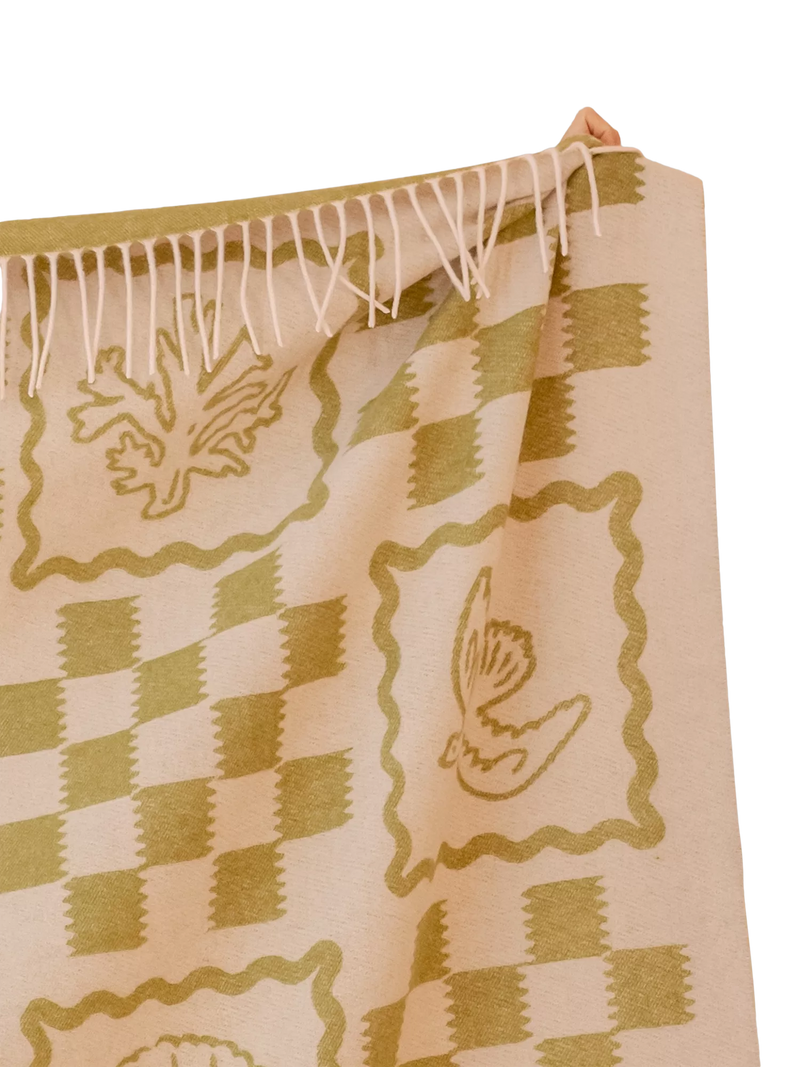 TBCo Stripe Harlequin lambswool blanket green motif 150x200cm (British brand)