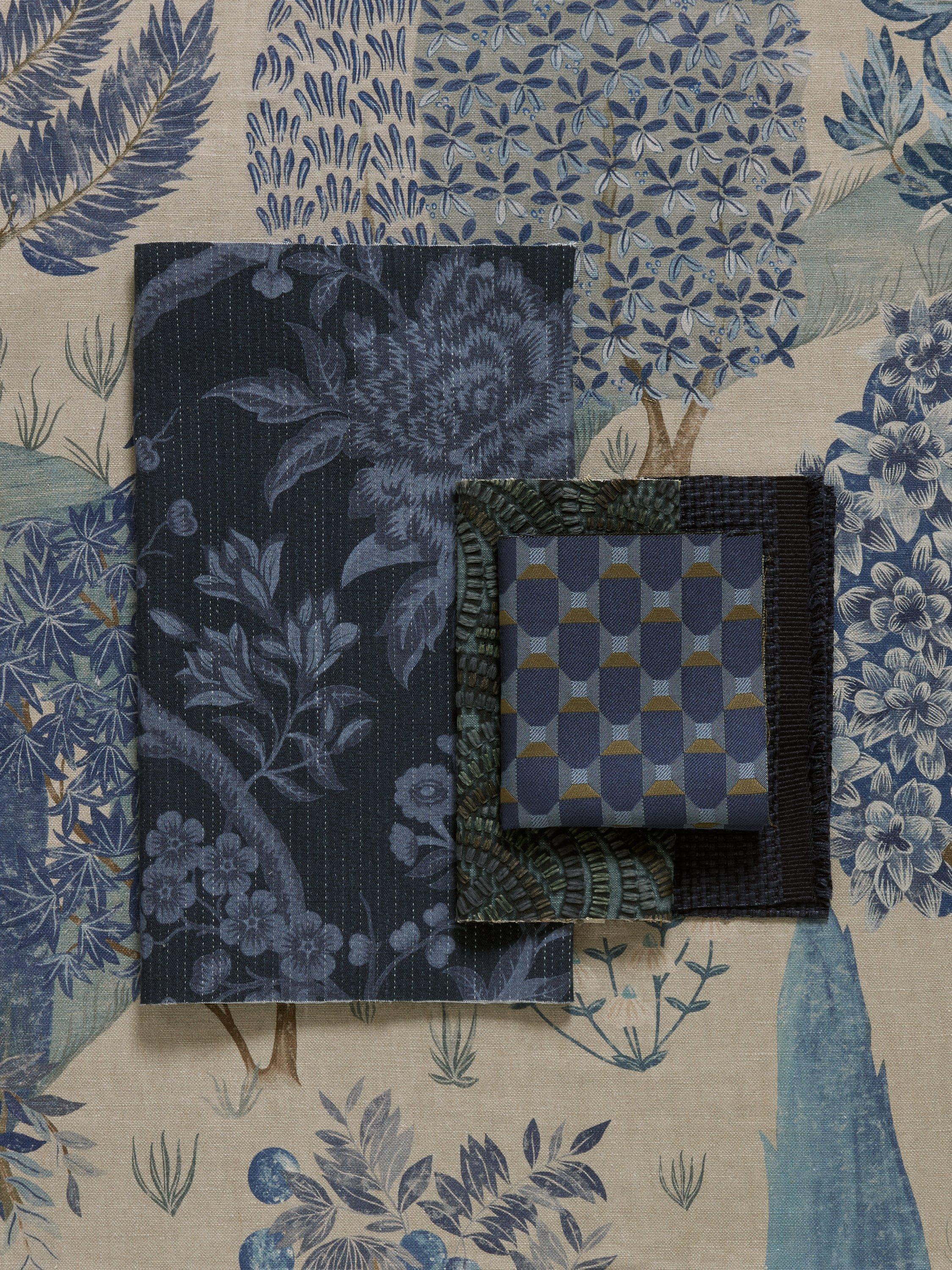 Liberty London porcelain flower furnishing fabric in ink (British brand)