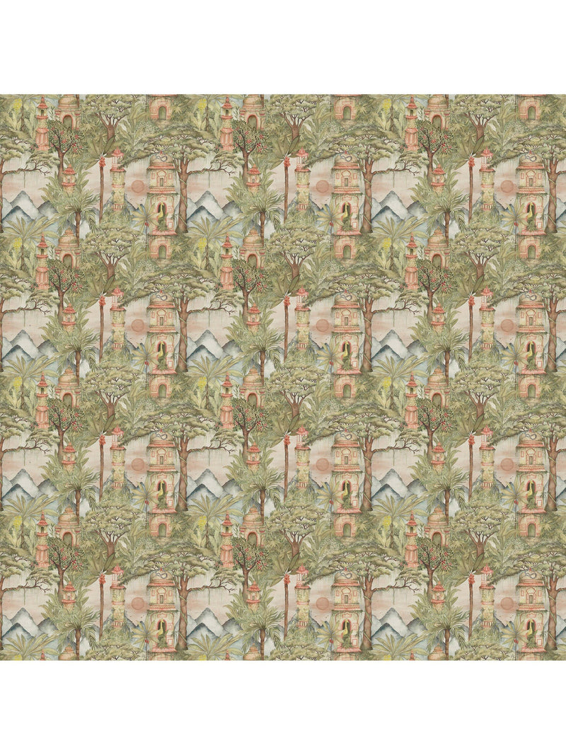 Voyage Eden Ruins green furnishing fabric (British brand)
