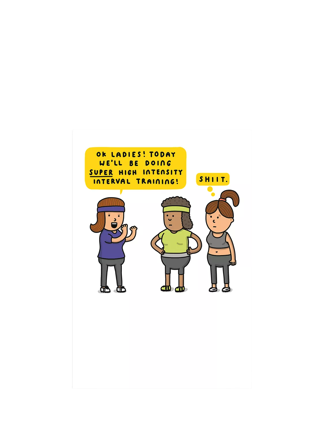 Woodmansterne greeting card with three women in gym gear, blank - British product