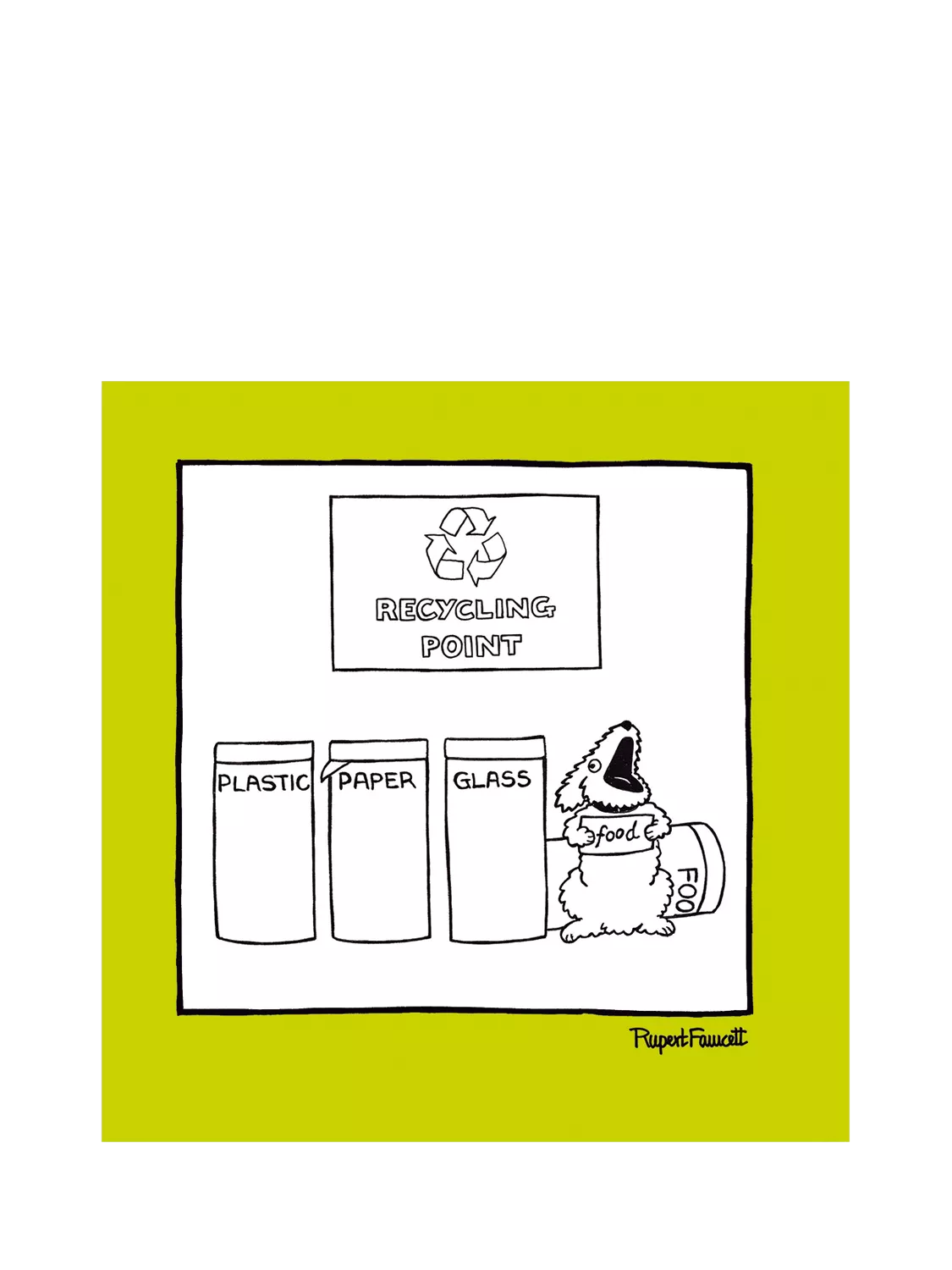Woodmansterne dog next to recycling bins greeting card (British brand)