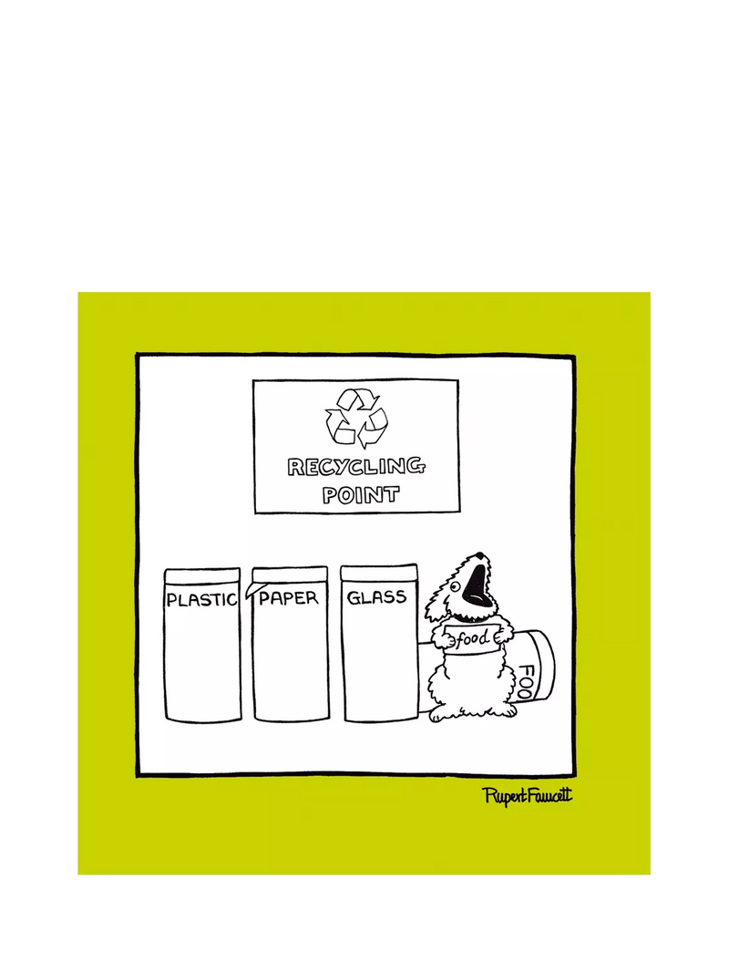 Woodmansterne dog next to recycling bins greeting card (British brand)