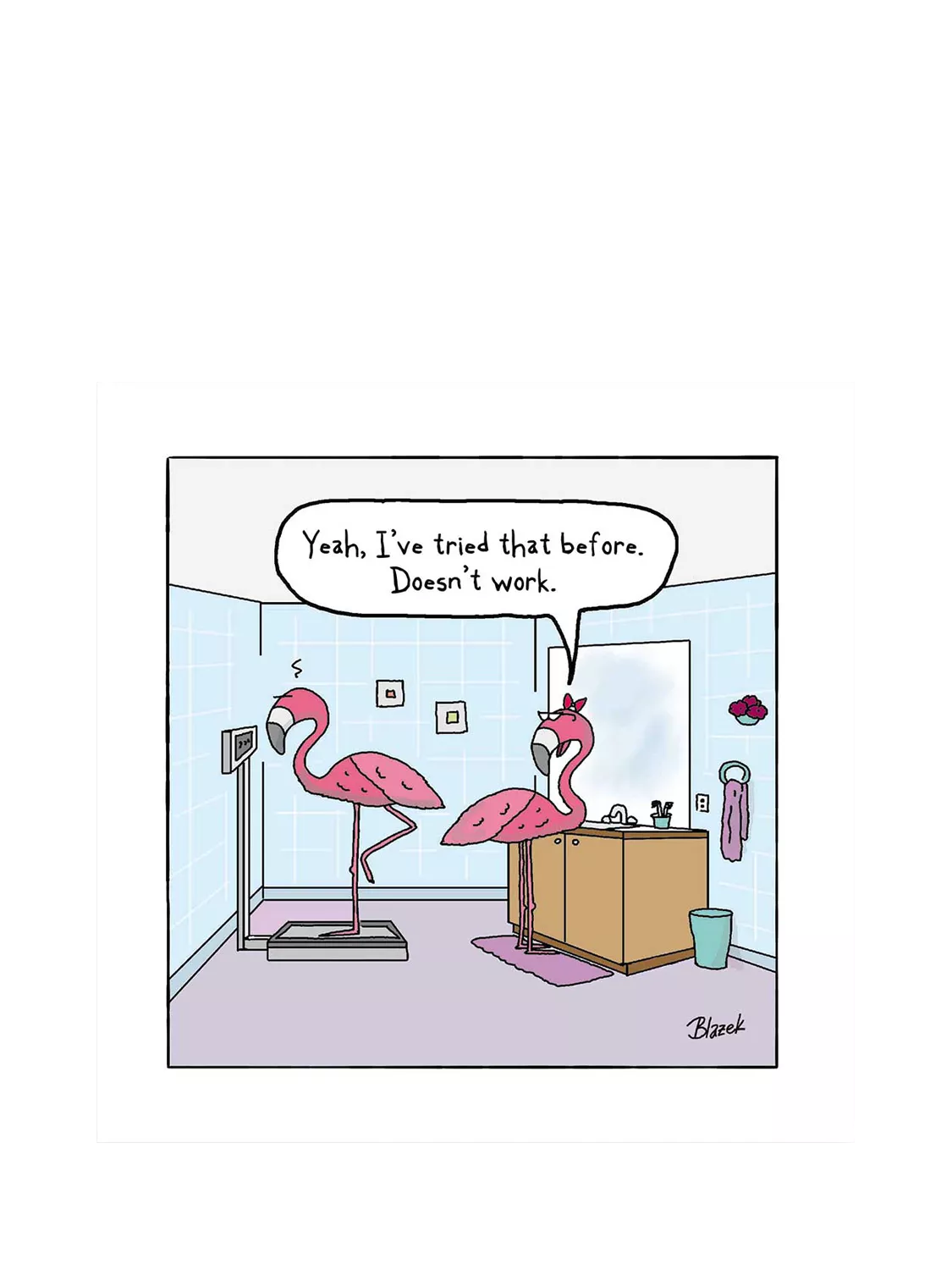 Woodmansterne Flamingo on Weighing Scales blank greeting card (British brand)