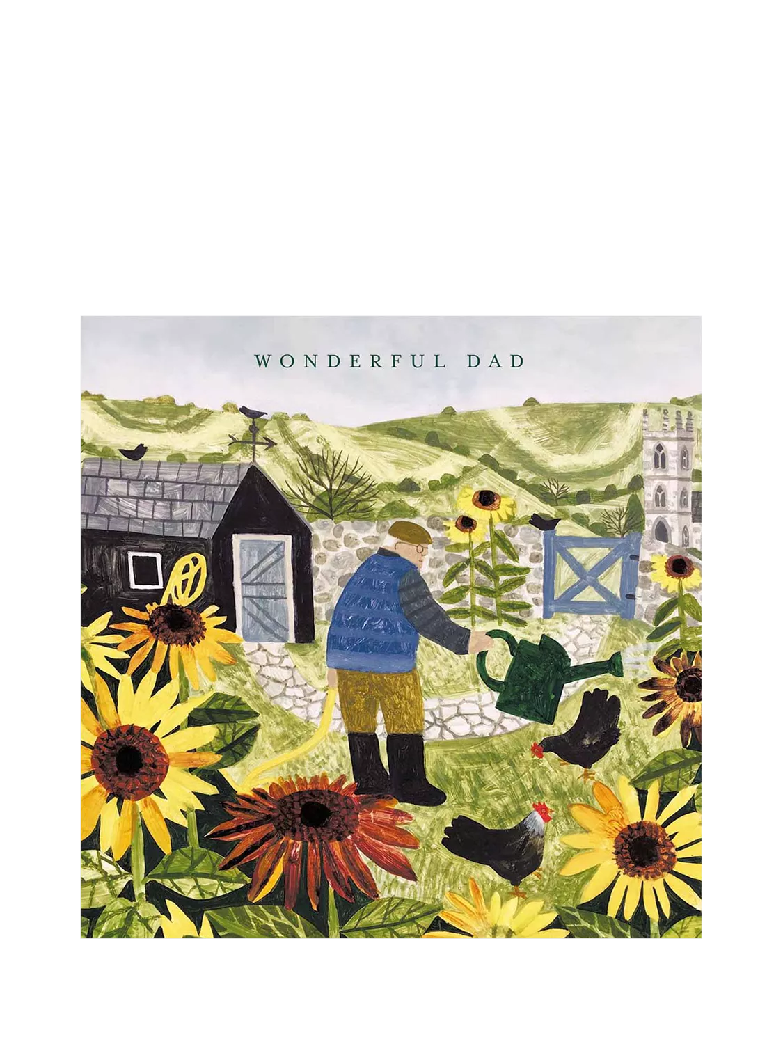 Woodmansterne Dad Birthday Card with man watering sunflowers (British brand)
