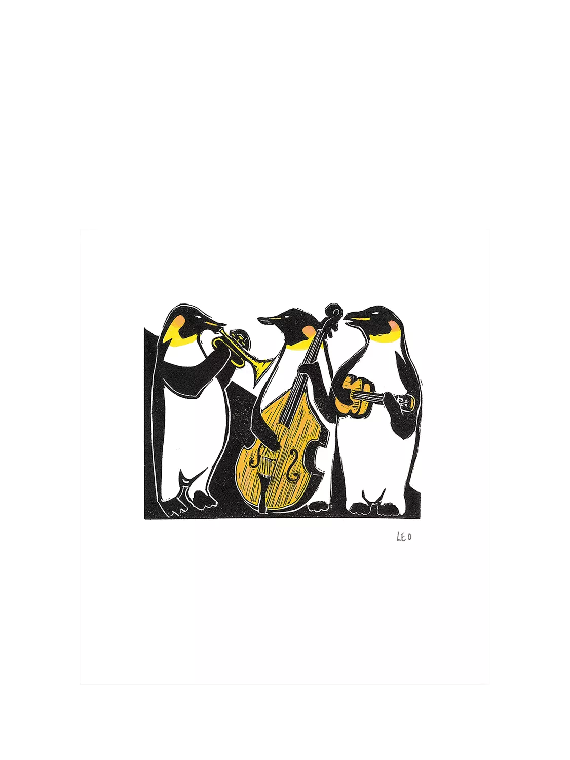 Woodmansterne greeting card with penguins playing instruments, imported from the UK