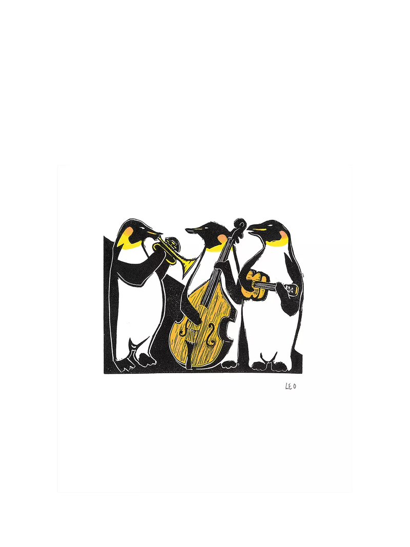 Woodmansterne greeting card with penguins playing instruments, imported from the UK