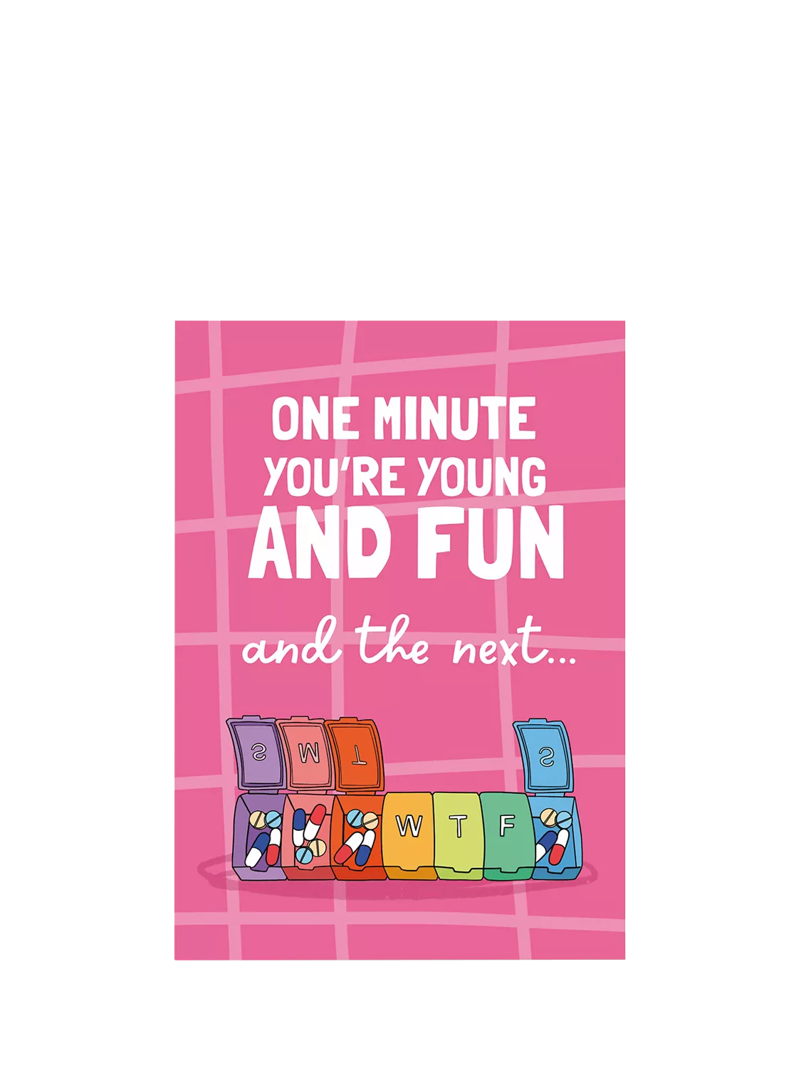 Running With Scissors weekly pill sorter greeting card, UK version