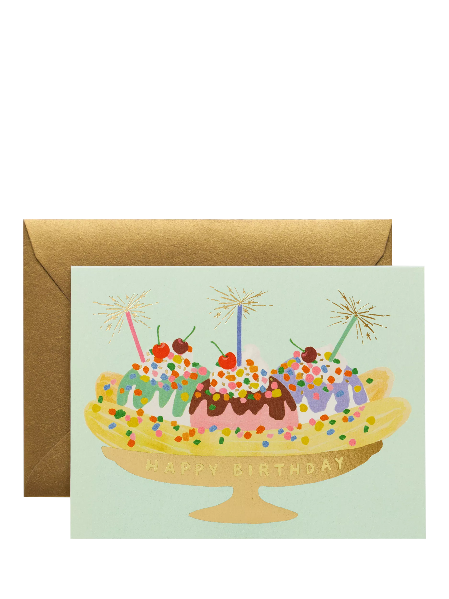 Rifle Paper Co. banana split card with gold envelope (British brand)