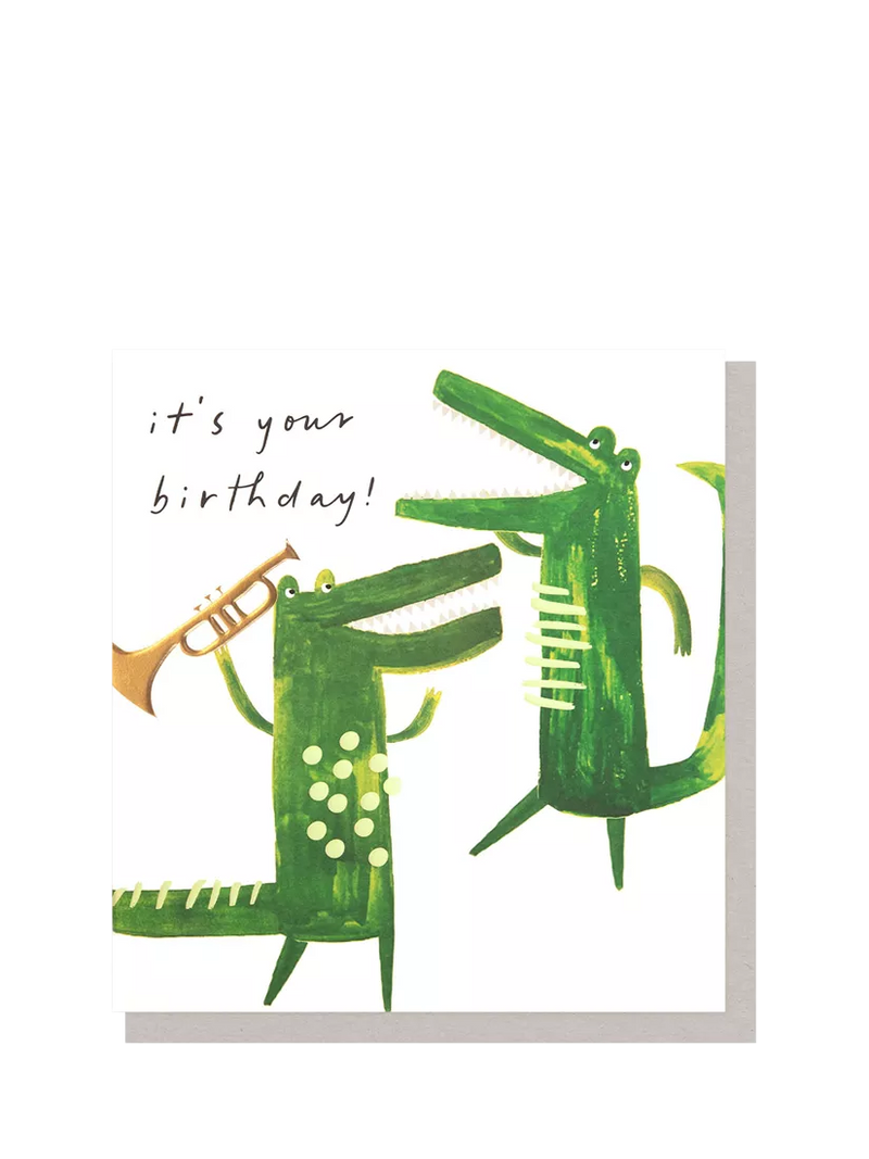 Caroline Gardner birthday card with crocodile and trumpet design (British brand)